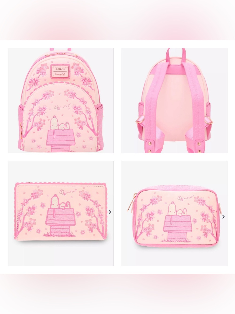 Loungefly Peanuts Cherry Blossom Snoopy Mini Backpack/Wallet/Cosmetic Bag Set